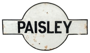 "PAISLEY" vintage train platform enamel sign,  ​​​​​​​81cm x 142cm,  Note: Paisley station was located on the Werribee line, opened in 1929 and closed in 1985