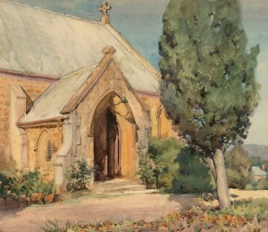 CARLYLE JACKSON (1891-1940), (sandstone church, Tasmania), watercolour, signed lower right "Carlyle Jackson", ​​​​​​​37 x 43cm, 64 x 68cm overall