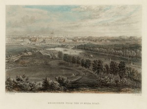 JAMES CHARLES ARMYTAGE (1802-1897), Melbourne From The St. Kilda Road, hand-coloured engraving, 17 x 22cm, 31 x 35cm overall