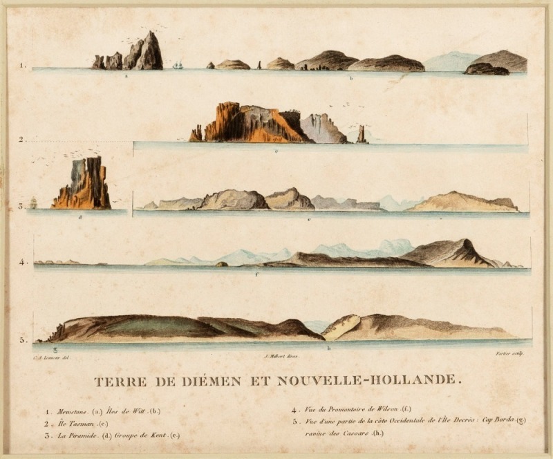 CHARLES ALEXANDER LESUEUR (1778-1846), "TERRE DE DIEMEN ET NOUVELLE-HOLLANDE", 1807 colour engraving showing five assorted views, No.4 Vue de Promontoire de Wilson (Wilsons Promontory). Note this is one of the early printed views of the Victorian coastlin