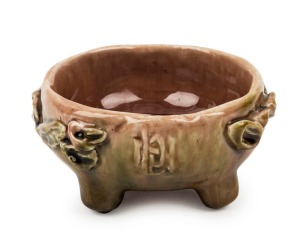 HARVEY SCHOOL brown and green glazed bowl with applied gum nuts and leaves, incised "M Y 1947", 6cm high x 12.5cm wide