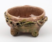 HARVEY SCHOOL brown and green glazed bowl with applied gum nuts and leaves,  incised "M Y 1947",  6cm high x 12.5cm wide - 2