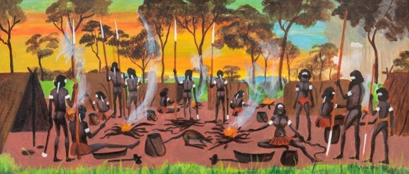 DICK (GOOBALATHELDIN) ROUGHSEY (1924 - 1985), Untitled (Native Gathering Party), oil on board, Flinders Gallery (Townsville) label verso, 21 x 48cm.