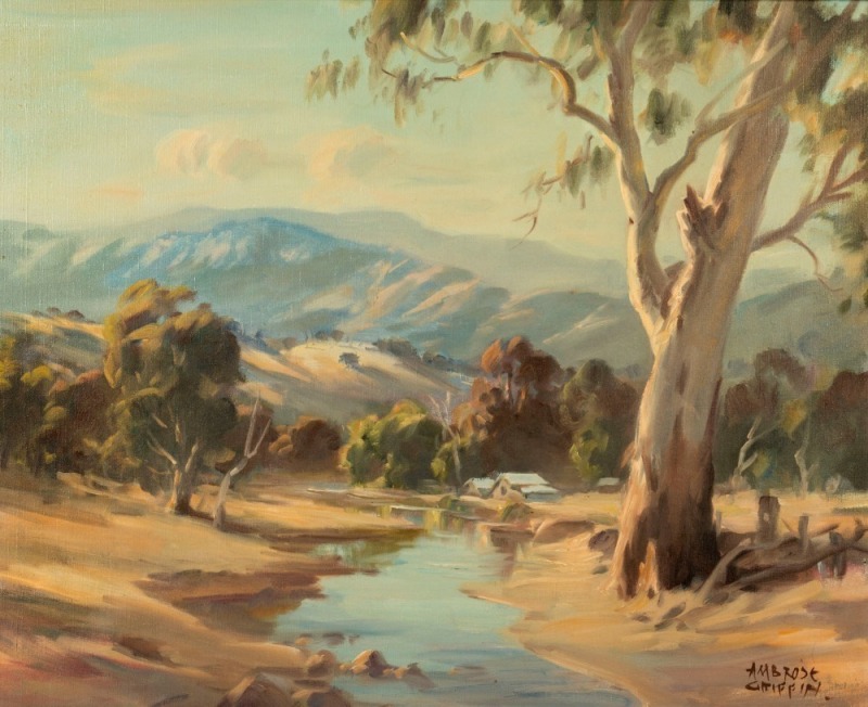 AMBROSE GRIFFIN (1912-1980), Mt. Buffalo From Gapstead Creek, oil on canvas board, signed lower right "Ambrose Griffin", ​​​​​​​52 x 64cm, 62 x 75cm overall