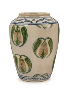 ALAN FINLAY Australian pottery vase adorned with Australian native fuchsia (Correa reflexa ssp.) and blue border, "Alan Finlay Black Rock", 15cm, 11cm wide