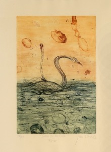 JOHN HENRY OLSEN (1928 - 2023), Swans on the Orde River, coloured etching, editioned 13/100, titled, signed and dated '84 in lower margin, 51 x 33.5cm; framed 94 x 63cm.