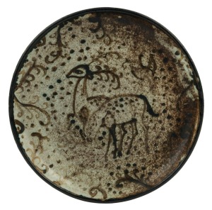 DAVID & HERMIA BOYD pottery plate with deer decoration,  incised "David, Hermia Boyd Australia 1960", 21.5cm diameter