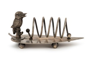 An antique silver plated toast rack of gum leaf form adorned with kookaburra, 19th/20th century, 8cm high, 18cm wide