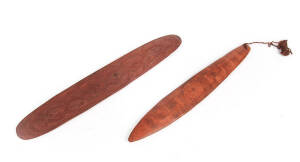 Bullroarer & message stick, Western Australian origin, wood & hair fibre. Length 40.5cm & 46.5cm