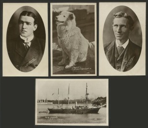 THE NIMROD ANTARCTIC EXPEDITION 1907 - 09: Four real photo postcards depicting Shackleton, Edgeworth David, "Queenie" Famous Dog of the Expedition, and The Nimrod prior to departure; all published by J.F.H. (Frank Hurley's company). (4).