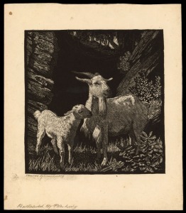 LIONEL ARTHUR LINDSAY (1874 - 1961), White Goats, woodcut, circa 1933, endorsed in lower margin "Printed by Lionel Lindsay. Authenticated by Peter Lindsay.", 15.5 x 15cm image.