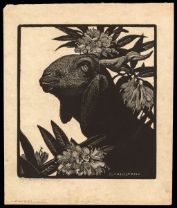 LIONEL ARTHUR LINDSAY (1874 - 1961), Goat and Rhododendron, woodcut, 1933, signed in the plate, titled and endorsed in the lower margin "Printed by Lionel Lindsay", authenticated verso by Peter Lindsay. 17 x 15cm image.