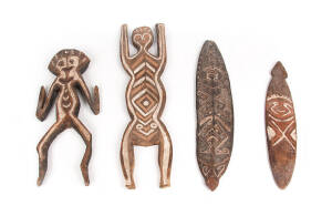 Group of Papua New Guinea artifacts; 2 carved & painted figures & 2 bullroarers. 48cm to 63cm