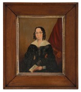 WILLIAM BUELOW GOULD (1803-1853), (attributed), (portrait of a lady with a book), oil on cedar panel, housed in a Tasmanian honeysuckle (silver banksia) frame with gilt slip, ​​​​​​​23 x 17.5cm, 34 x 29cm overall  