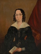 WILLIAM BUELOW GOULD (1803-1853), (attributed), (portrait of a lady with a book), oil on cedar panel, housed in a Tasmanian honeysuckle (silver banksia) frame with gilt slip, ​​​​​​​23 x 17.5cm, 34 x 29cm overall   - 2