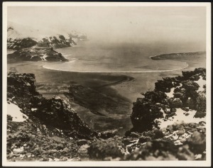 THE B.A.N.Z. ANTARCTIC EXPEDITION: Official original photograph by Captain Frank Hurley: Image A59 - Title: Where members of the Mawson Expedition were marooned, with official "MAWSON ANTARCTIC EXPEDITION" handstamp and release date "TUESDAY MAY 6, 1930" 