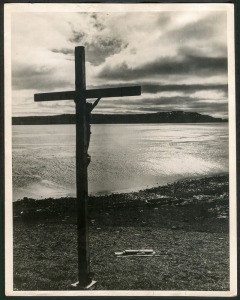 THE B.A.N.Z. ANTARCTIC EXPEDITION: Official original photograph by Captain Frank Hurley: Image A34 - Title: The Calvary erected on the lonely foreshore at Port Jeanne D'Arc. with official "MAWSON ANTARCTIC EXPEDITION" handstamp and release date "TUESDAY A