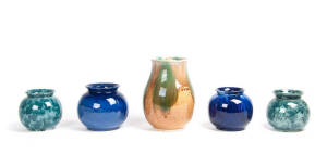 BENDIGO: Group of 5 pottery vases in blue, green, turquoise & brown glazes. Heights 11.5cm to 21cm