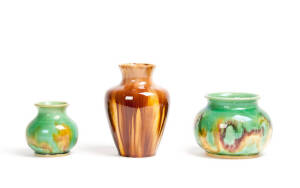 McHUGH: Group of 3 Tasmanian pottery vases circa early 1930s in green, brown & pink glazes. Heights 8cm, 10cm & 15cm