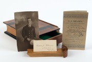 H.A. NIELSEN antique Australian book box, Queensland timbers, circa 1920, stamped "H.A. NIELSEN, Pt. DOUGLAS, N.Q. AUSTRALIA", accompanied by brochure with pencil inscription detailing the various timbers, 21cm high - 4