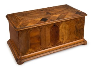 WILLIAM NORRIE antique New Zealand timber box, totara, puriri, mottled kauri, kohekohe, rewarewa, maire and others, late 19th century. Fitted with two lift out trays adorned with original blue velvet lining. Norrie was one of New Zealand's most successful