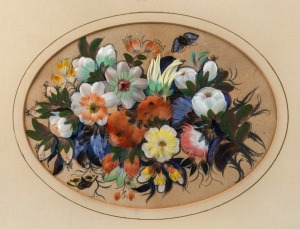 CATHERINE ANDERSON Australian parrot feather and watercolour floral picture depicting primrose, cabbage roses, butterflies, etc., Melbourne, circa 1870. Anderson was the Governess to the Armitage family at "COMO", South Yarra, Melbourne. Two almost identi
