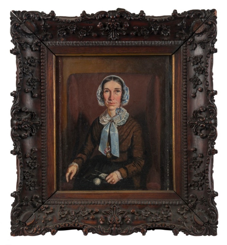 CHINA TRADE (19th century), (portrait of a Jane Chesney), oil on canvas, housed in original carved rosewood China Trade frame, 29 x 25cm, 45 x 41.5cm overall