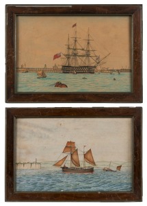 ARTIST UNKNOWN (19th Century), I.) British man of war at harbour, II.) Schooner off Dover, watercolour, 17 x 25cm each, 22 x 31cm each overall. PROVENANCE: The Berry Collection, Youngs Auctions, Melbourne, 2009