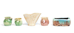 REMUED: Group of 5 assorted pottery vases & trough including applied gumleaf & floral decoration. Varying sizes, 9cm to 15cm