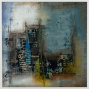 ARTIST UNKNOWN, Adamo City Abstract With Writing, two mixed media works, signed lower right (illegible), 55 x 54cm, 83 x 81cm overall each - 2