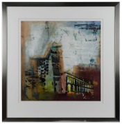 ARTIST UNKNOWN, Adamo City Abstract With Writing, two mixed media works, signed lower right (illegible), 55 x 54cm, 83 x 81cm overall each - 3