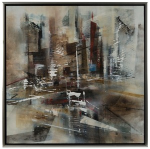 FRED COLLA (b.1956), City Geometry 1, oil on board, titled and named verso, 66 x 66cm; framed 69.5 x 69.5cm.