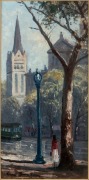 LEON HANSON (1918-2011), Collins Street Melbourne oil on canvas board,  signed lower left "Leon Hanson", 50 x 24cm, 80 x 53cm overall