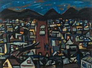 TERRY MATASSONI (b.1959), Leaving Town, 1989, gouache, named, titled and dated verso, 56 x 75cm; framed 79 x 97cm.