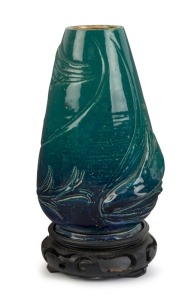 MARGUERITE MAHOOD blue and green glazed pottery vase with applied fish decoration, signed "Marguerite Mahood", with artist's monogram, 17cm high