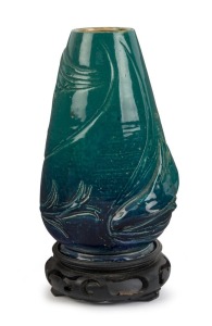 MARGUERITE MAHOOD blue and green glazed pottery vase with applied fish decoration, signed "Marguerite Mahood", with artist's monogram, 17cm high