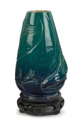 MARGUERITE MAHOOD&nbsp;blue and green glazed pottery vase with applied fish decoration, signed "Marguerite Mahood", with artist's monogram, 17cm high