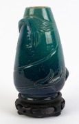 MARGUERITE MAHOOD&nbsp;blue and green glazed pottery vase with applied fish decoration, signed "Marguerite Mahood", with artist's monogram, 17cm high - 2