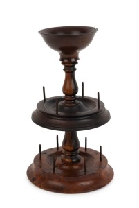 An antique Colonial sewing companion bobbin reel holder, huon pine, blackwood, myrtle and sassafras with metal and wooden pins, Tasmanian origin, early to mid 19th century, 24.5cm high