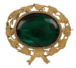 An early South Australian oval gold brooch with polished malachite, circa 1870s, 4cm wide
