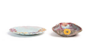 UNA DEERBON: 2 pottery dishes with applied floral decoration. 19 x 14cm & 14 x 14cm