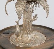 A sterling silver mounted emu egg ornament adorned with emu, kangaroo, cockatoo and possum, in glass dome on later timber base, stamped "Stg. Silver, Rocca", 25cm high - 3