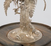 A sterling silver mounted emu egg ornament adorned with emu, kangaroo, cockatoo and possum, in glass dome on later timber base, stamped "Stg. Silver, Rocca", 25cm high - 4