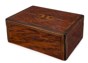 An antique New Zealand timber deed box, totara, mottled kauri, rimu, maire and others, 19th century, ​​​​​​​14cm high, 33cm wide, 24cm deep