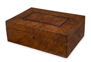 An antique Colonial Australian workbox, musk, myrtle, huon pine, cedar and ebony, circa 1850, ownership inscription under lid "G. Fryed, 6 Albert Street, Auburn", Note: Missing lift-out tray, 11cm high, 33cm wide, 23cm deep