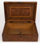 An antique Colonial Australian workbox, musk, myrtle, huon pine, cedar and ebony, circa 1850, ownership inscription under lid "G. Fryed, 6 Albert Street, Auburn", Note: Missing lift-out tray, 11cm high, 33cm wide, 23cm deep - 2