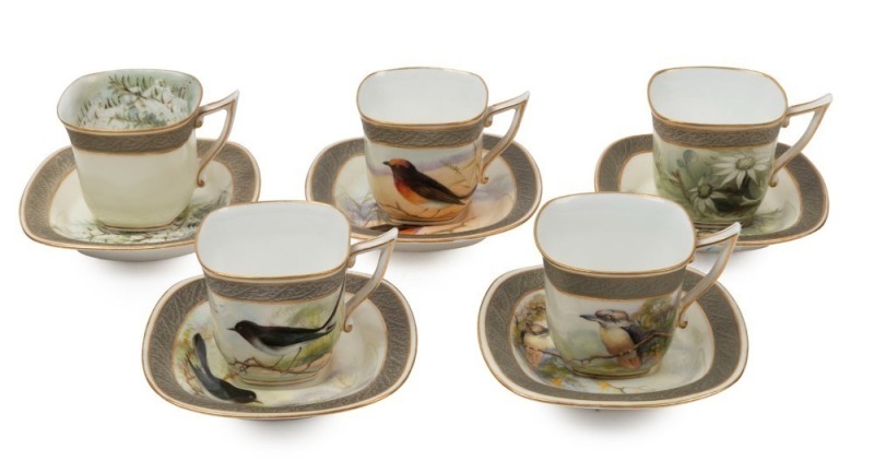 ROYAL WORCESTER Australian flora and fauna set of five coffee cups and saucers decorated by AUSTIN, retailed by PROUDS and FLAVELLE BROS. Titled: Kookaburra, Wagtail, Red Capped Robin, Epacris Alba, and Flannel Flower, puce factory mark to bases, the sauc