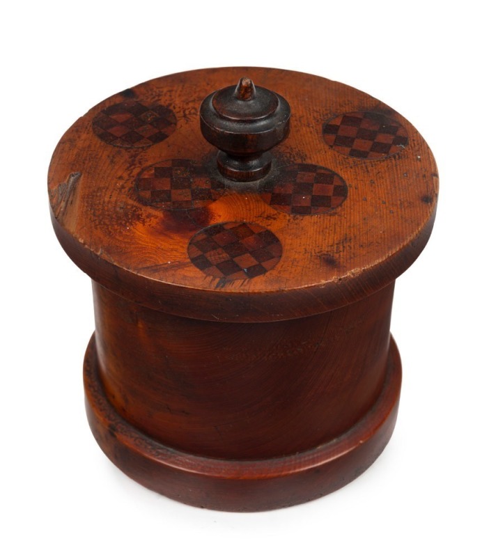 An antique Colonial Australian tobacco jar, huon pine inlaid with cedar and pine, Tasmanian origin, early to mid 19th century, 14cm high, 13.5cm diameter