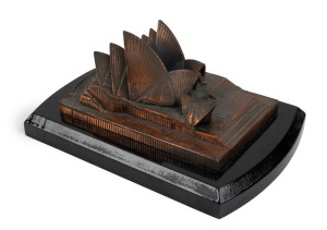 SYDNEY OPERA HOUSE cast bronze sculpture on ebonised timber base, 20th century, ​​​​​​​8cm high, 14cm wide, 20cm deep