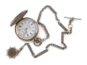 An antique 935 silver cased full hunter pocket watch, retailed by W. DUNKLING, 317 BOURKE ST. MELBOURNE, with accompanying sterling silver Albert chain and ship's wheel fob, inset with a compass, 19th century,